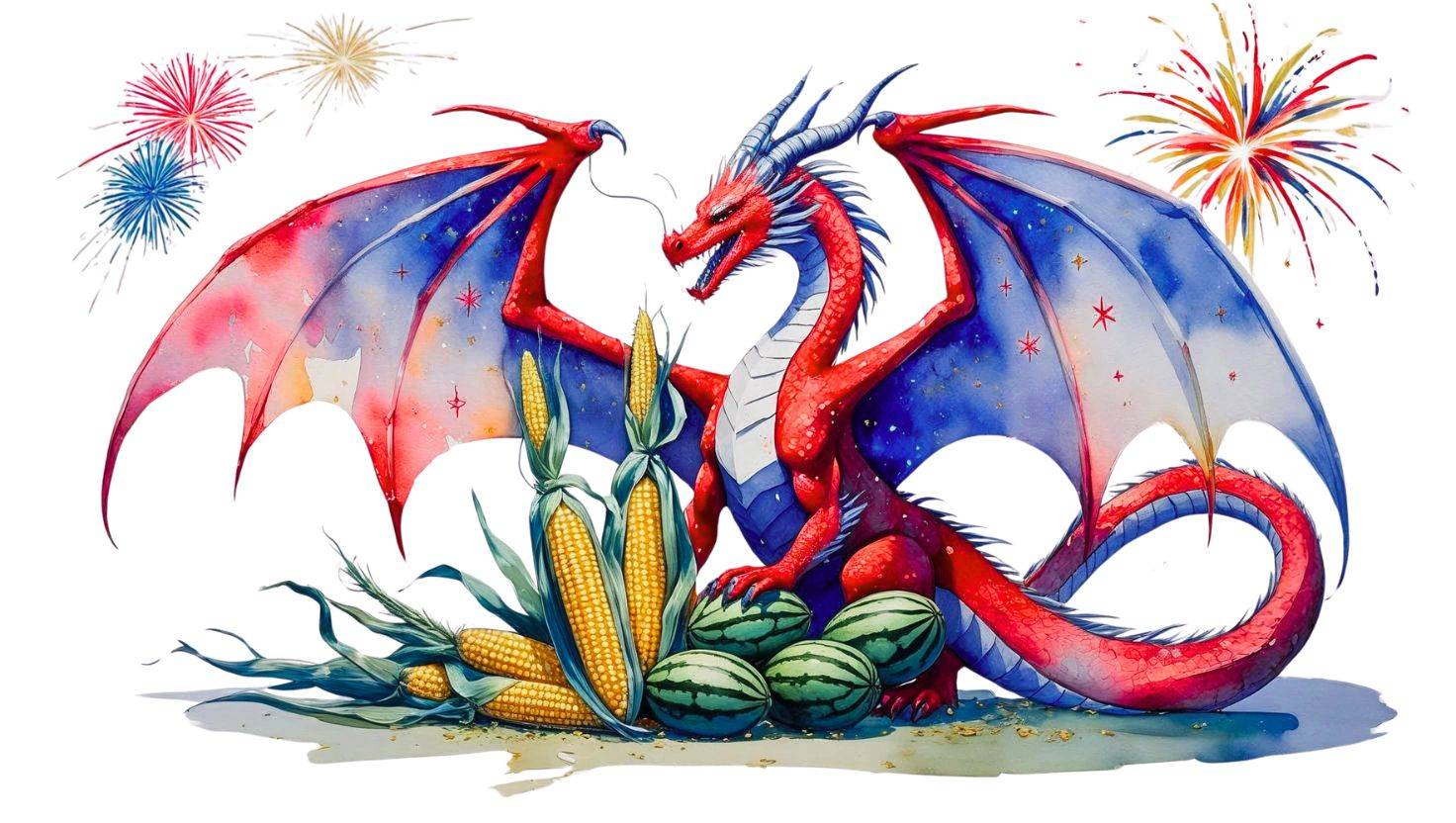 Illustration of a red and blue dragon with stars on its wings, sitting beside corn and watermelons, surrounded by fireworks—symbolizing resistance, heritage, and transformation.